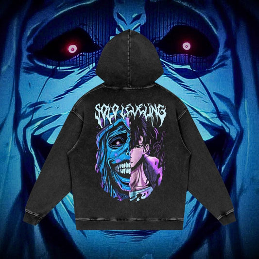 Solo Leveling Vintage Acid-Washed Graphic Hoodie