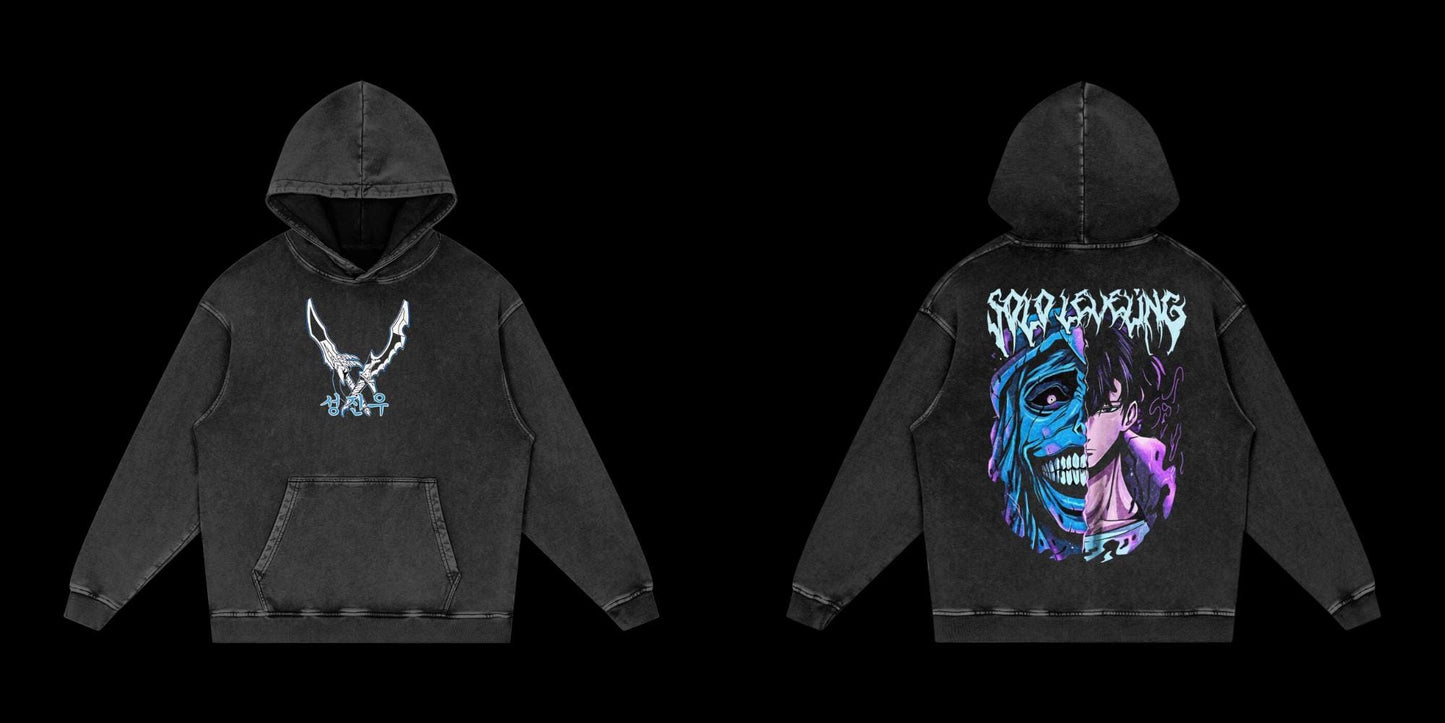 Solo Leveling Vintage Acid-Washed Graphic Hoodie